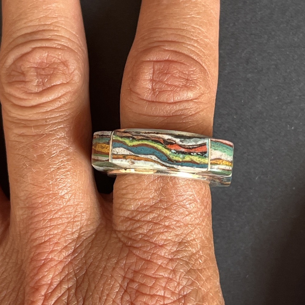 Sterling Silver Multicolor Mosaic Inlay Square Ring Sz 7.5 Artisan Signed UNIQUE